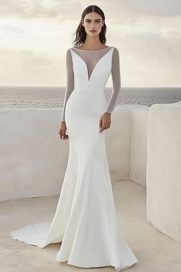 Mermaid Satin Illusion Ivory Wedding Dress With Long Sleeves